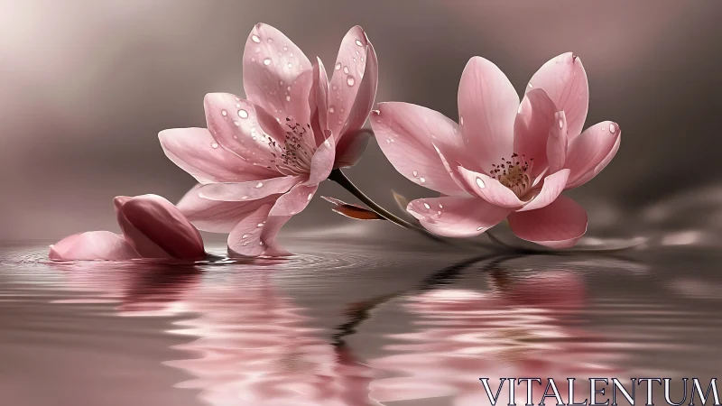 Pink Lotus Flowers With Water Droplets on Reflective Surface.