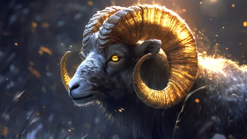 Ram with glowing golden horns stands in backlit snowfall