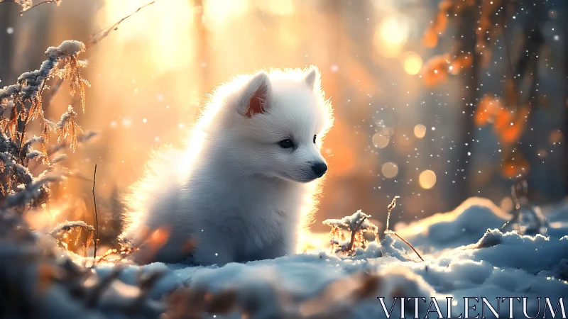 Backlit white puppy in snowy forest with warm golden bokeh