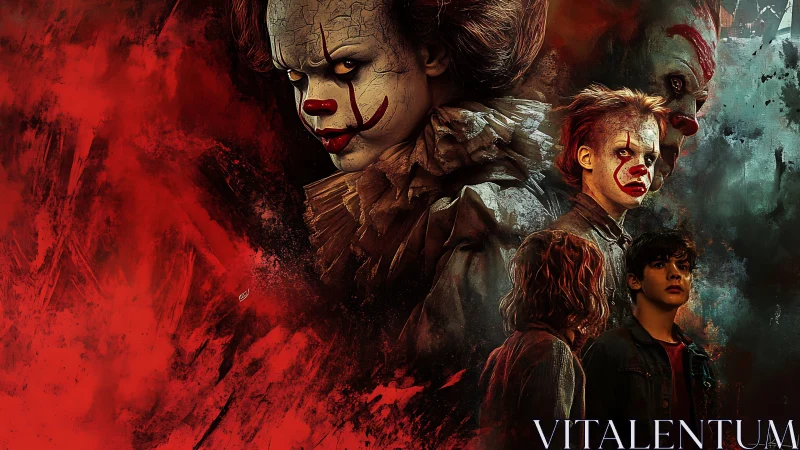 Chilling clown collage and brave teens in fiery darkness.