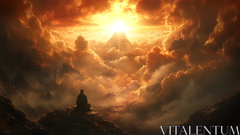 Monk confronts blazing celestial sunrise above clouds