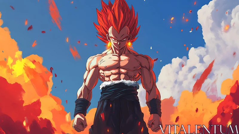 Fiery anime warrior stands amid explosive burning sky.