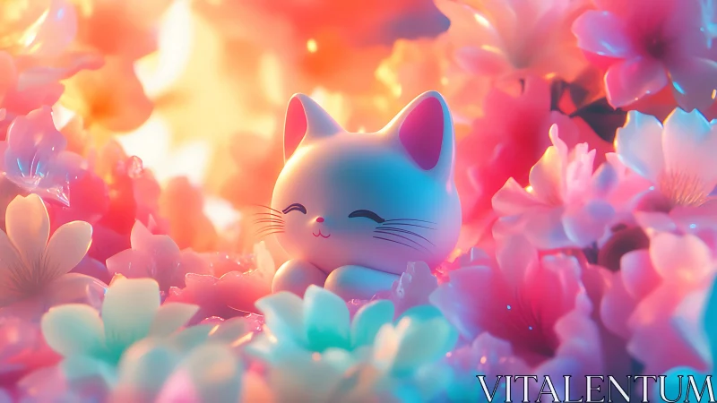 Smiling cat figurine rests among glowing pastel blossoms