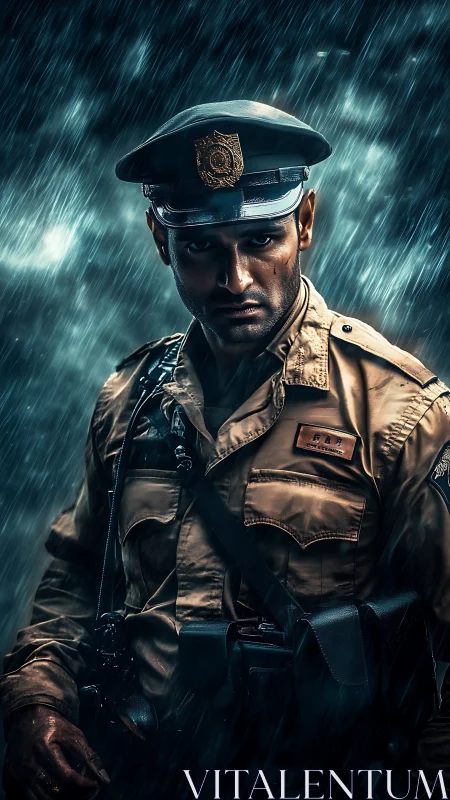 Police officer stands in heavy rain wearing tactical gear