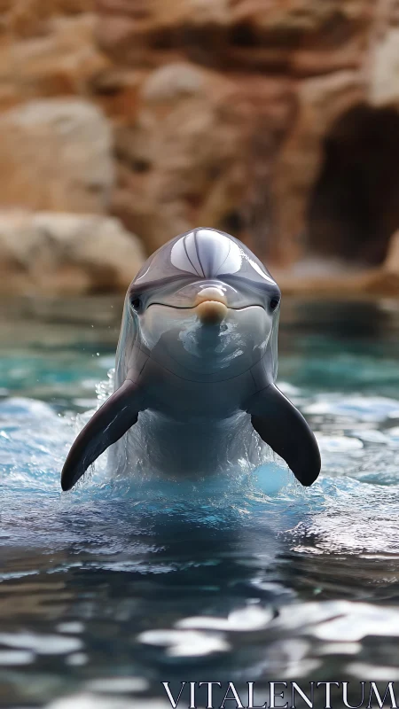 Bottlenose dolphin emerging from pool in rocky habitat.
