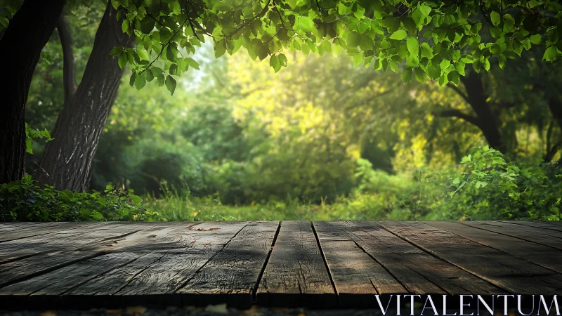 Wooden Deck in Forest Clearing With Tree Canopy