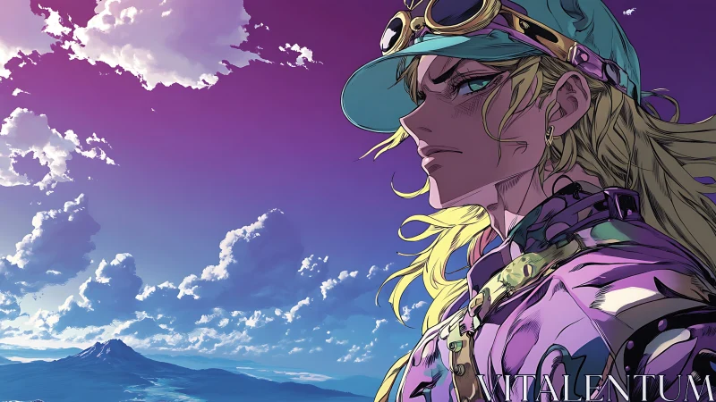 Determined anime rider under vivid purple sky. Period.