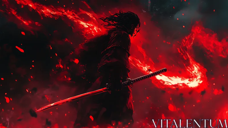 Dark warrior with flaming sword in red inferno scene.