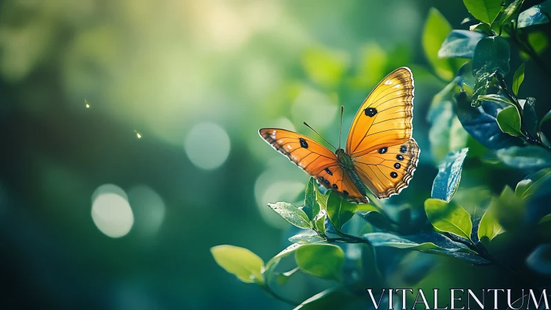 Orange butterfly poised on dewy foliage in soft bokeh light.