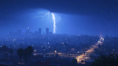 Nighttime city skyline under lightning and rainfall event.