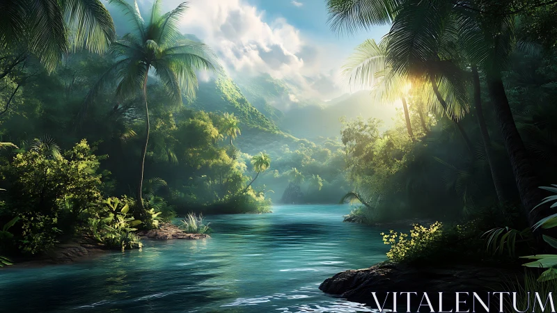 Tropical river valley with volumetric sunrise over dense rainforest