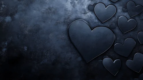 Dark metallic hearts arranged on textured slate surface