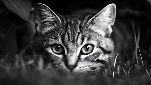 Tabby cat head displaying frontal orientation in monochromatic lighting
