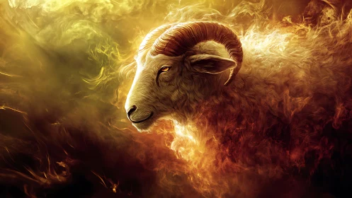 Solar ram ascending through emberstorm clouds of mythic fire.