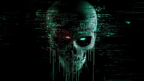 Glowing digital skull emerges from cascading matrix code.