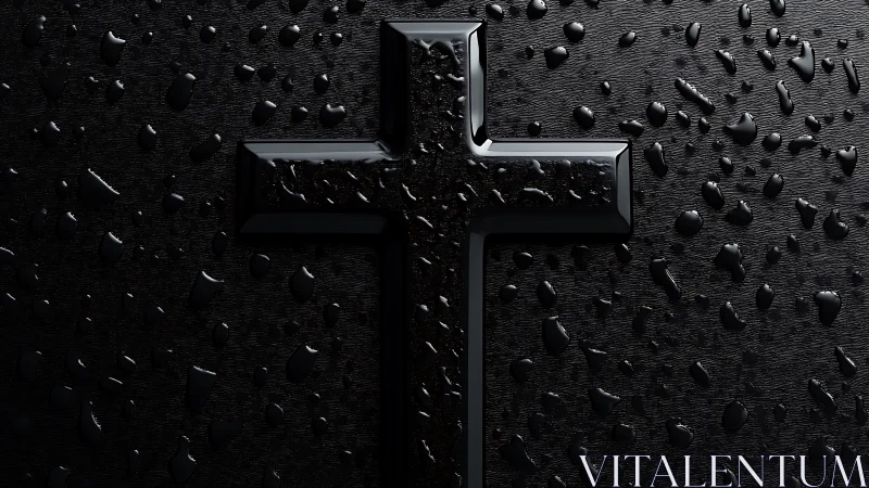 Gleaming black cross resting in gentle shimmering raindrops.