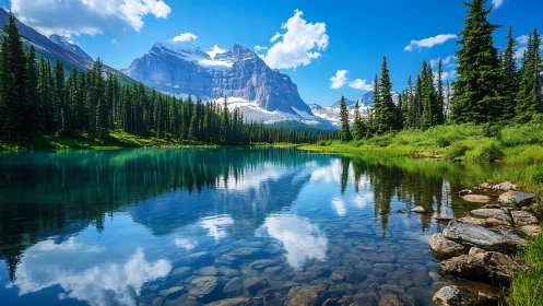 Alpine lake with conifer forest and distant snow mountains.