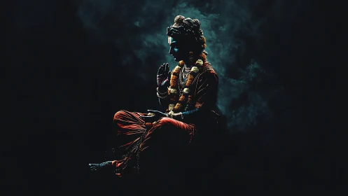 Mystic blue deity meditates in swirling ethereal shadows