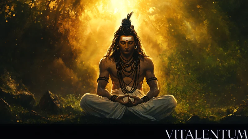 Forest-lit ascetic Shiva in molten rays of meditative dawn.