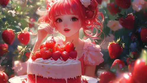 Radiant strawberry girl savoring cake in dreamy garden.