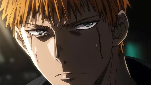 Brooding anime fighter with bloodstained tear tracks.