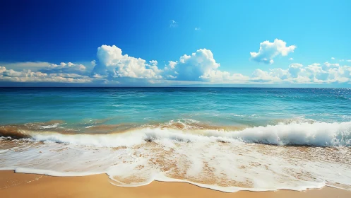 Bright turquoise waves rolling onto a sunlit sandy shore.