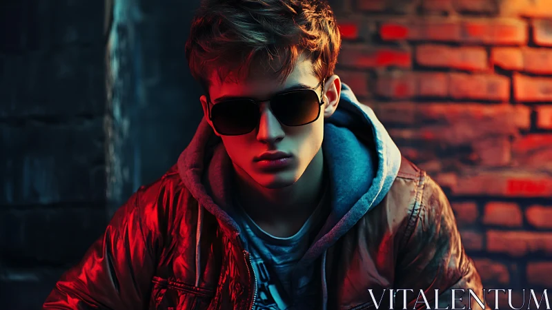 Moody street portrait with neon-lit leather jacket youth.