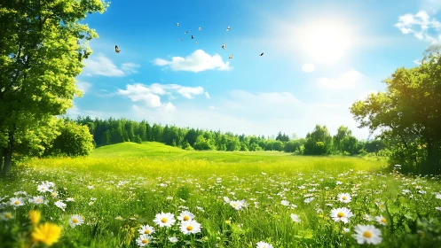 Sunlit daisy meadow whispering under a wide blue sky.