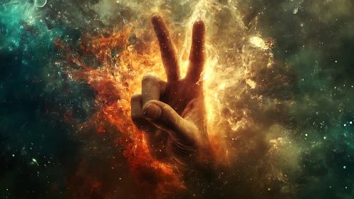 Cosmic peace hand ignites amid swirling fire and nebulae
