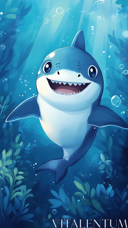 Smiling cartoon shark swims through bright blue ocean.