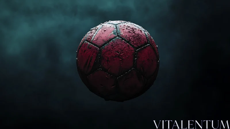 Worn red soccer ball suspended against dark misty backdrop.