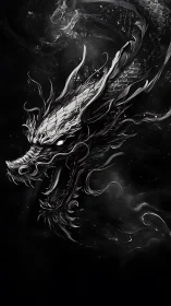Monochrome dragon head emerging through swirling smoke.