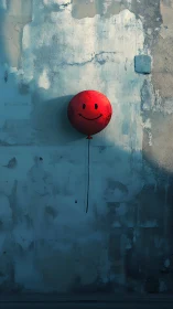 Red balloon with smile symbol hangs before textured wall