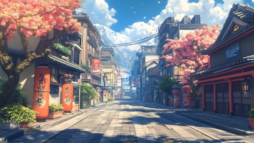 Cherry blossoms line quiet Japanese street beneath mountains