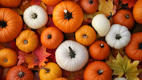 Vibrant autumn pumpkins rest over a bed of colorful leaves