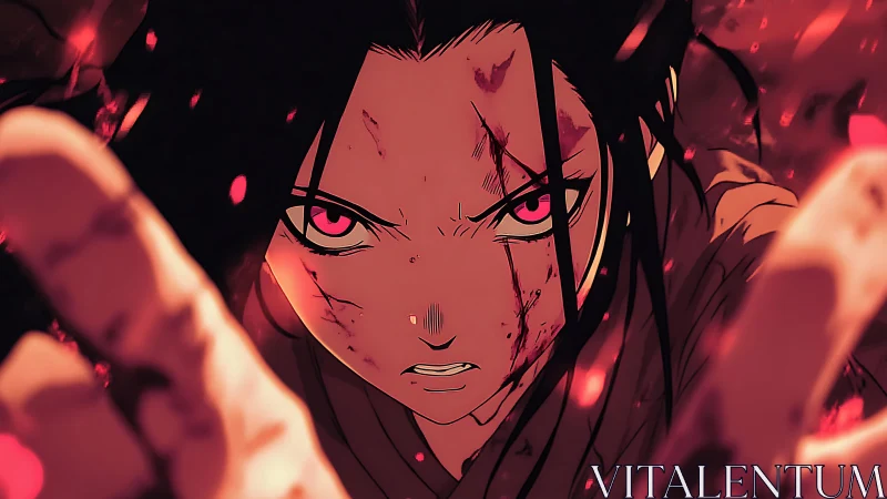 Battle-scarred anime warrior framed in burning red embers.
