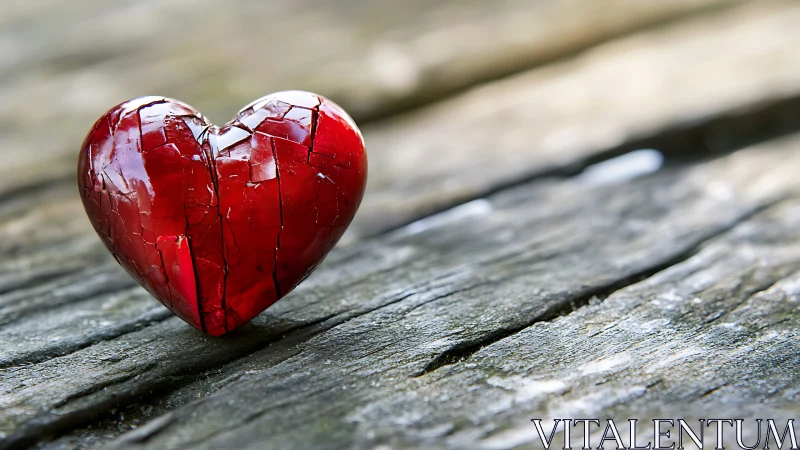 Cracked Red Heart on Wooden Surface.