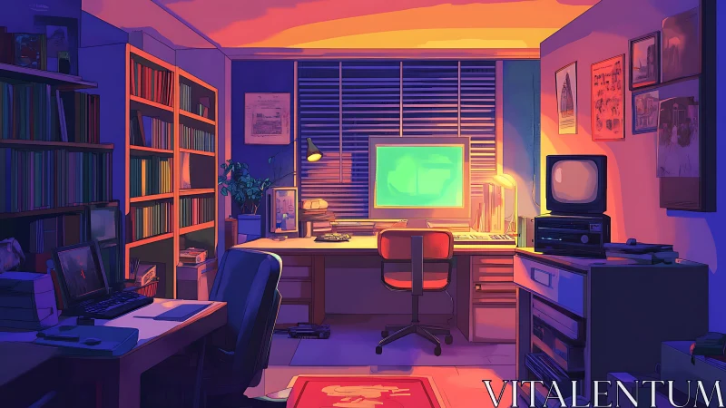 Retro workstation in neon dusk-lit, book-lined home office