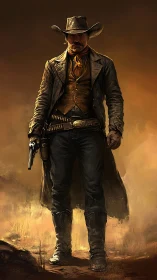 Solitary armed cowboy figure in dusty western landscape.