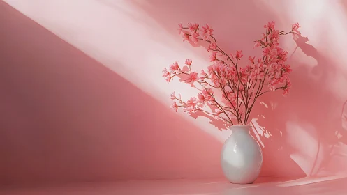 Arranged delicate pink flowers in white ceramic vase on monochromatic surface