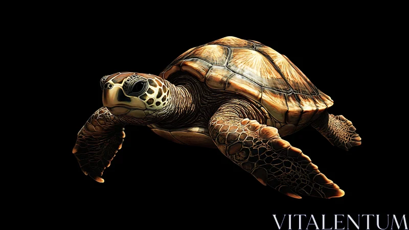 Photorealistic sea turtle render with dramatic chiaroscuro lighting.
