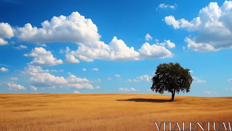 Solitary tree on golden prairie beneath vivid cumulus sky.