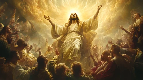 Radiant messianic figure ascends amid luminous worshippers