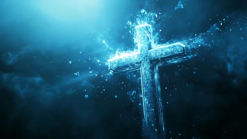 Radiant blue cross glowing softly in a deep cosmic mist.