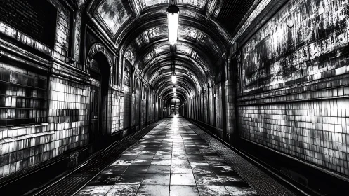 Monochrome subway corridor stretches into a haunted vanishing point.
