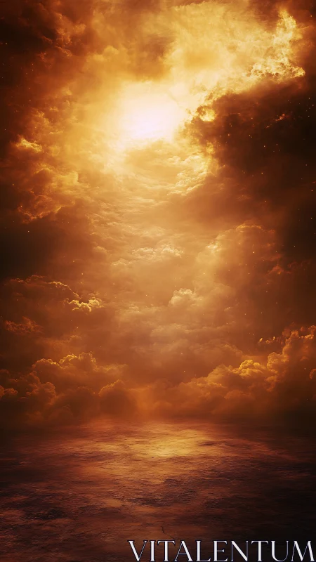 Luminous orange sky over reflective water horizon at dusk.