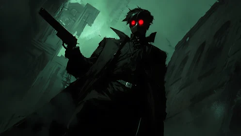 Masked gunman with red goggles in foggy urban alleyway.