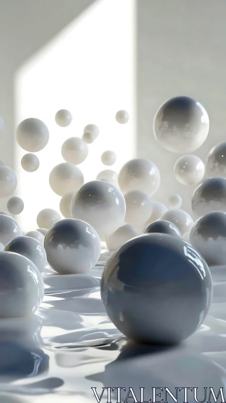 White reflective spheres suspended above glossy surface.