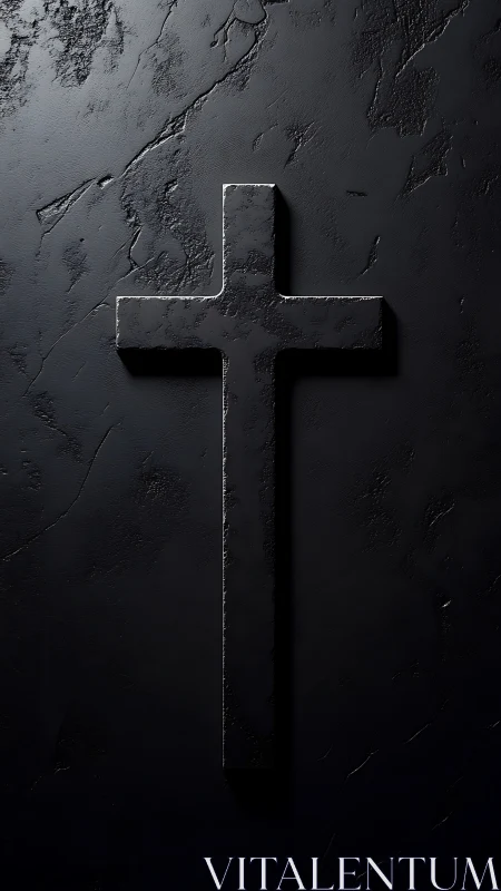 Monolithic black cross on textured matte stone surface.