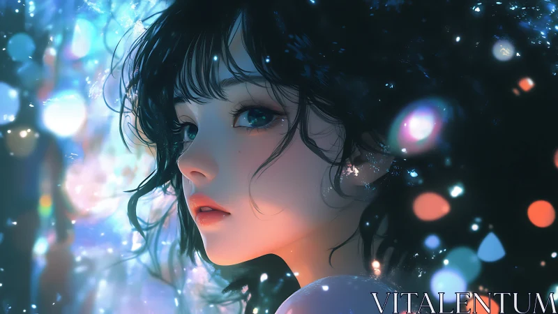 Melancholic anime girl in glowing blue and orange bokeh lights.